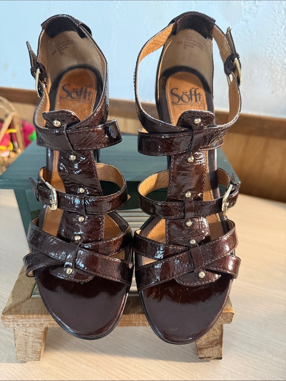 Söfft Brown Patent Leather Gladiator Heeled Sandals